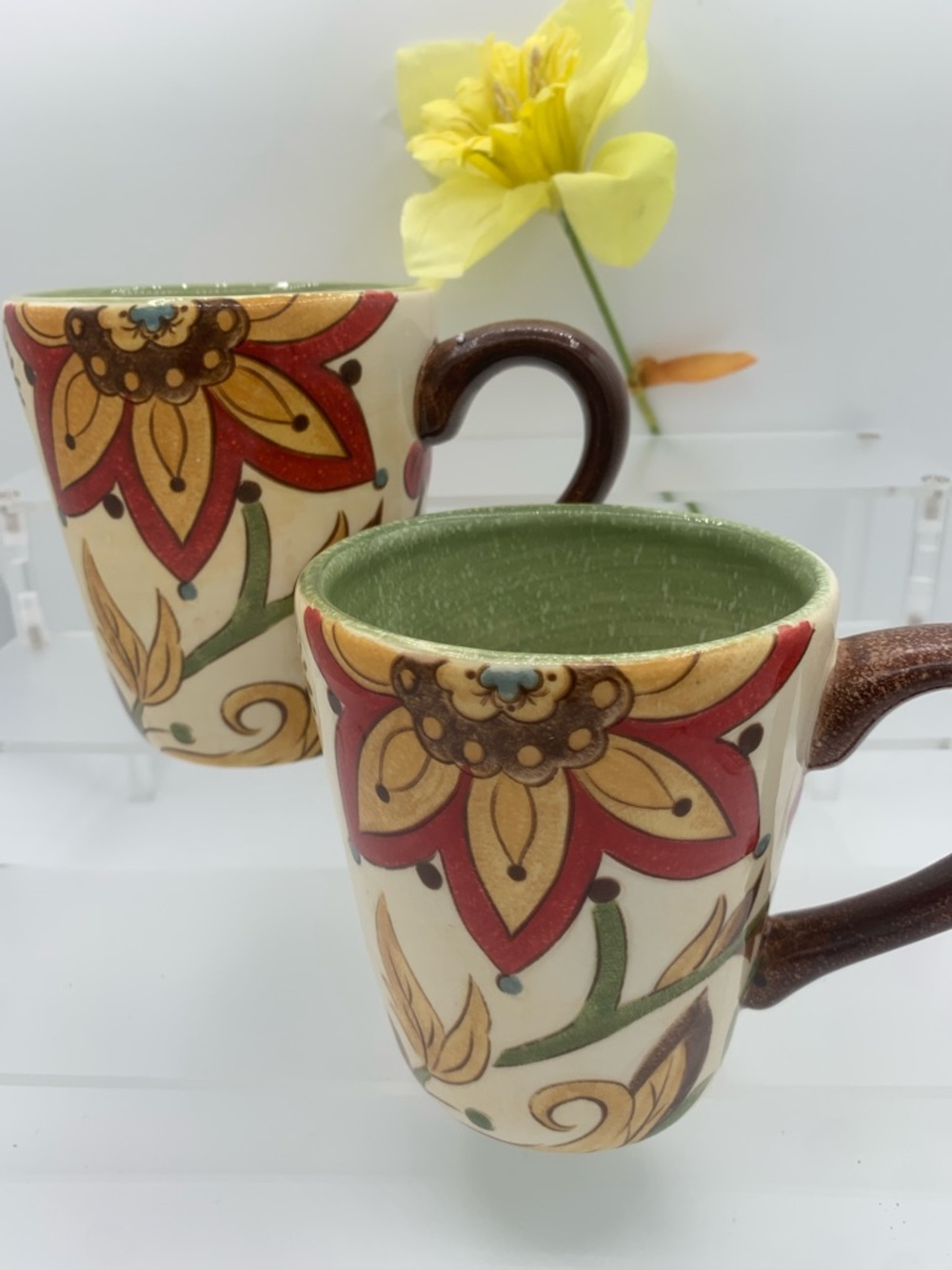 Set/2 Pier 1 Imports Carynthum Hand Painted Sturdy Earthenware Coffee Mugs 14oz